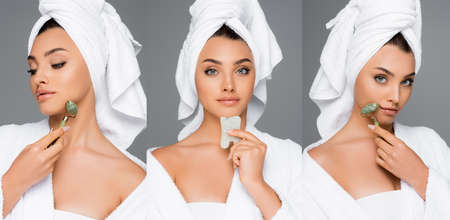 collage of woman with towel on head using jade roller and gua sha on face isolated on gray