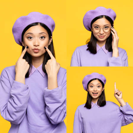 young asian woman in beret touching cheeks, smiling and pointing with finger isolated on yellowの写真素材