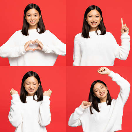 collage of happy asian woman showing heart sign with hands, pointing with finger, rejoicing and smiling isolated on redの写真素材