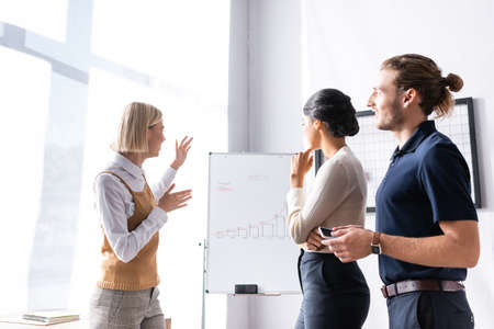 Multicultural office workers looking at businesswoman gesturing while standing near flipchart with...