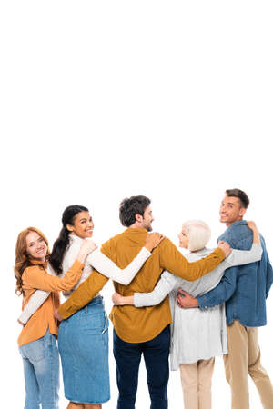Multicultural friends smiling while hugging each other isolated on whiteの写真素材