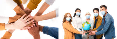 Collage of multiethnic people holding hands and globe while wearing medical masks isolated on white, bannerの写真素材