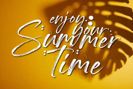 tropical leaf shadow on yellow background with enjoy your summertime illustration