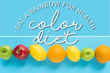 top view of ripe fruits and color diet illustration on blue background, collageの写真素材