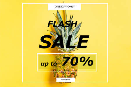 top view of fresh ripe pineapple on yellow background with flash sale illustration