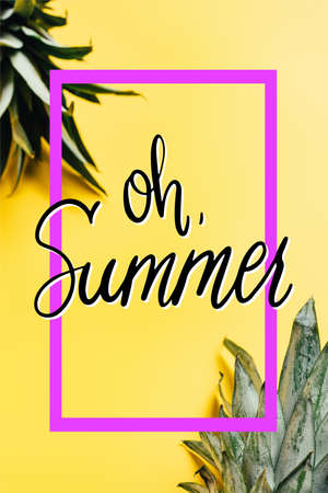 selective focus of green pineapple leaves on yellow background with oh summer illustrationの写真素材