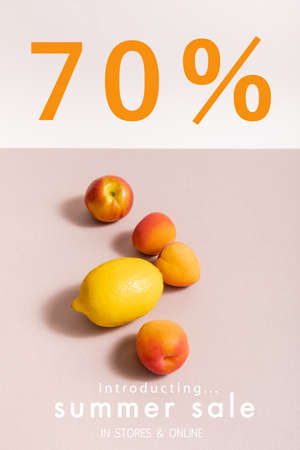 fruit composition with lemon and apricots near summer sale, in stores and online lettering on beige...