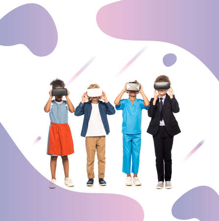 multicultural children dressed in costumes of different professions touching virtual reality headsets near purple illustration on whiteの写真素材