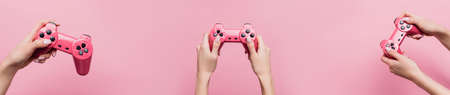 KYIV, UKRAINE - OCTOBER 26, 2020: collage of woman holding joystick isolated on pink
