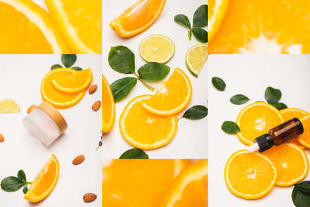 collage of citrus slices, bottle of essential oil and container with cosmetic cream near rose leaves on whiteの写真素材