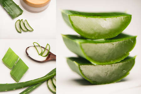 collage of cut aloe vera leaves, wooden spoon, and container with homemade cosmetic cream on whiteの写真素材