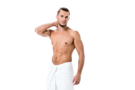 sexy shirtless man in towel posing isolated on whiteの写真素材