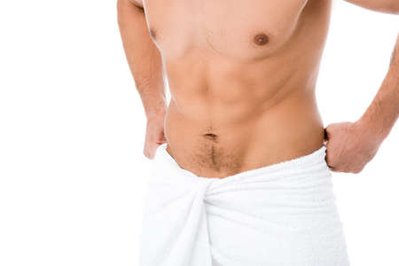 cropped view of sexy shirtless man in towel posing isolated on whiteの写真素材