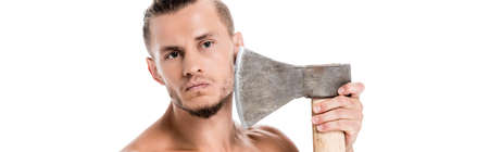 sexy shirtless man shaving with ax isolated on white, bannerの写真素材