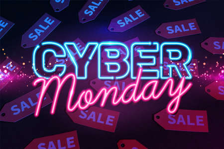 neon cyber monday lettering near red labels on black backgroundの写真素材