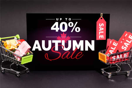 small presents in toy shopping carts near placard with up to 40 percent, autumn sale lettering and sale tag on dark backgroundの写真素材