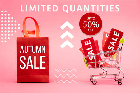 red tags with sale in shopping trolley near paper bag with autumn sale lettering on pink