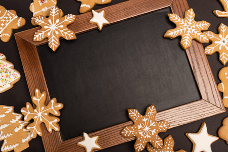 top view of gingerbread cookies and chalkboard on black backgroundの写真素材