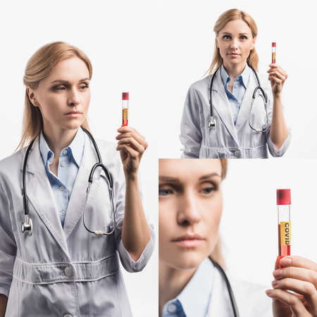 collage of nurse in white coat holding sample with covid lettering isolated on whiteの写真素材