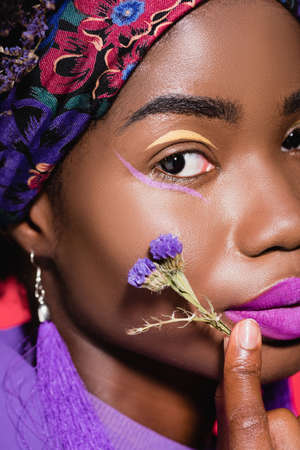 closeup of african american young woman with purple flower isolated on redの写真素材