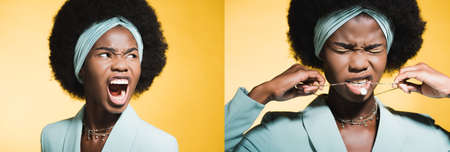 collage of angry african american young woman in blue stylish outfit yelling and biting necklace isolated on yellow, bannerの写真素材
