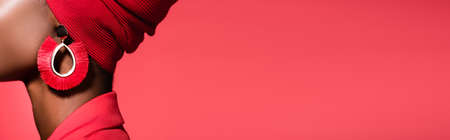 cropped view of african american young woman in stylish earring isolated on red, bannerの写真素材