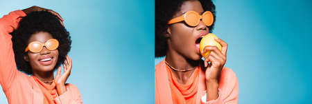 collage of african american young woman in orange stylish outfit isolated on blue background, banner