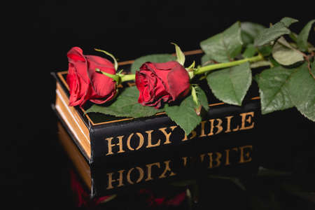 red roses on holy bible on black background, funeral conceptの写真素材