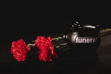 red carnation flowers and piggy bank on black background, funeral conceptの写真素材