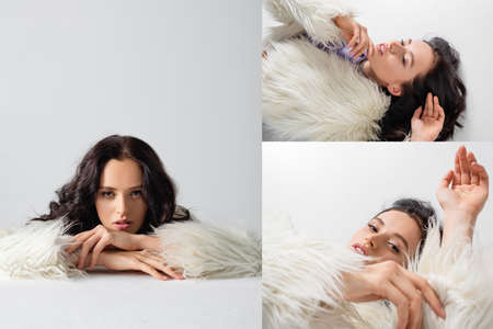 collage of elegant brunette young woman in stylish faux fur jacket posing on white background