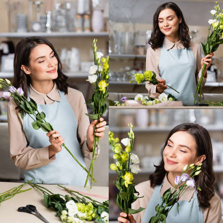 collage of young happy florist holding eustoma flowers while making bouquet in flower shopの写真素材