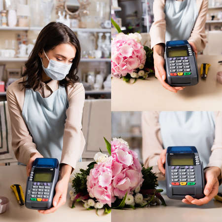 collage of florist in medical mask holding payment terminal near bouquet of hydrangea in flower shop