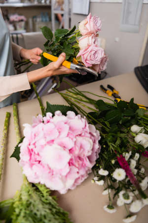 Cropped view of florist with secateurs and roses standing near desk with blurred flowers on foregroundの写真素材