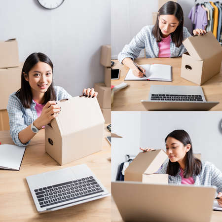 Collage of smiling asian volunteer looking at camera, opening carton box and writing in notebook at...