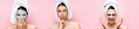 collage of beautiful woman with towel on hair, mask sheet and hydrogel eye patches on face isolated on pink, bannerの写真素材