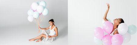 collage of barefoot graceful african american ballerina in dress dancing with balloons on white background, bannerの写真素材