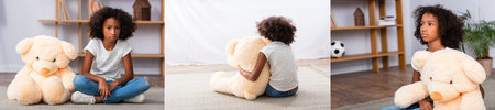 Collage of depressed african american girl looking at camera, hugging teddy bear while sitting on floor in office, bannerの写真素材