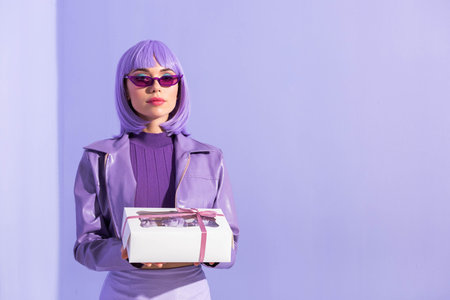 young woman dressed in doll style with cupcake box on violet colorful backgroundの写真素材
