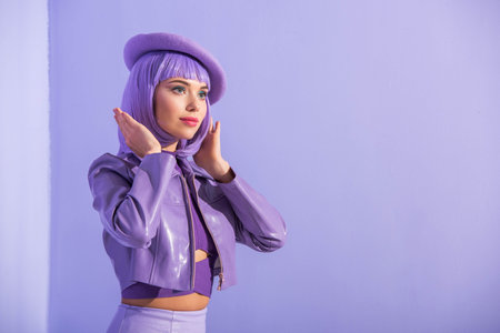 young woman dressed in doll style in beret posing on violet colorful backgroundの写真素材