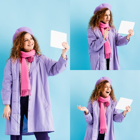 collage of curly young woman in winter coat having video call on digital tablet on blueの写真素材