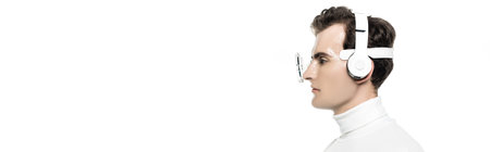 Brunette cyborg in digital eye lens and headphones looking away isolated on white, banner