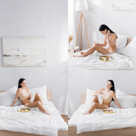 collage of cheerful woman with vitiligo holding cup near breakfast tray with growingの写真素材