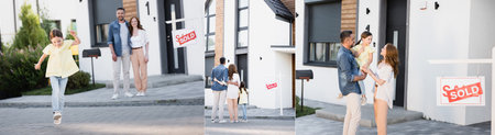 Collage of smiling daughter in arms of father, running and standing with family near house and sign with sold lettering, bannerの写真素材