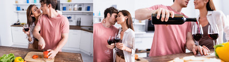 Collage of young couple with glasses of wine cooking in kitchen, bannerの写真素材