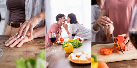 Collage of smiling couple kissing and cooking near glasses of wine in kitchen, bannerの写真素材