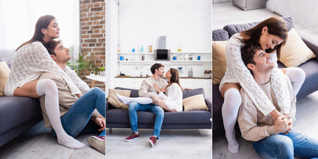 Collage of smiling couple hugging and looking at each other at home, collageの写真素材
