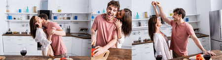 Collage of cheerful couple dancing near paprika and wine in kitchen, bannerの写真素材