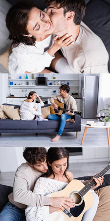 Collage of young couple kissing and playing acoustic guitar on couch at home, bannerの写真素材