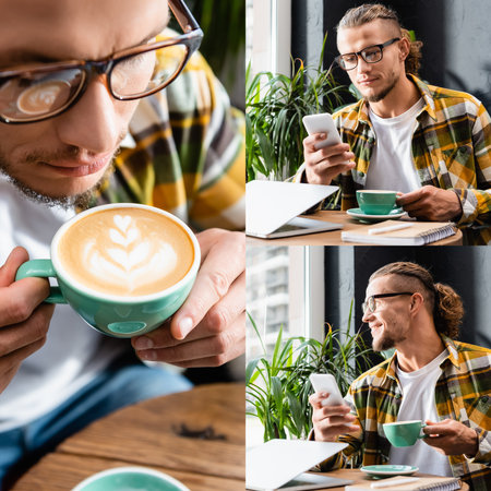 collage of young freelancer holding cup of coffee with latte art, smiling and chatting on smartphone near laptopの写真素材