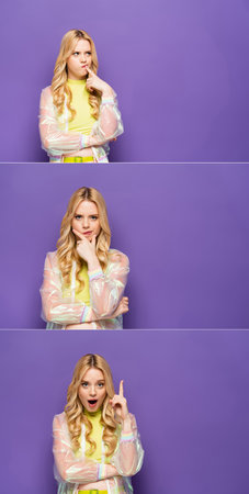 collage of pensive and amazed blonde young woman in colorful outfit on purple backgroundの写真素材